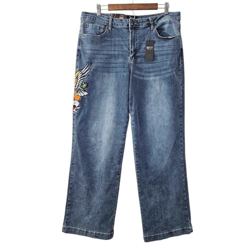 Ed Hardy Size 34 x 31 Brave Eagle Wide Leg Grunge Y2K Blue Denim Jeans NWT